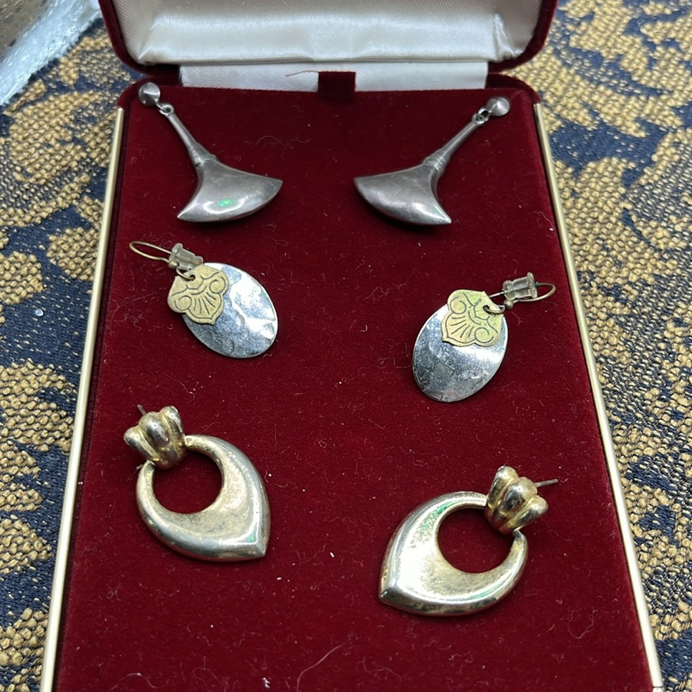 Two Artsy Handmade Silver Drop Earrings w/Bonus Gold Toned Earrings (need backs)